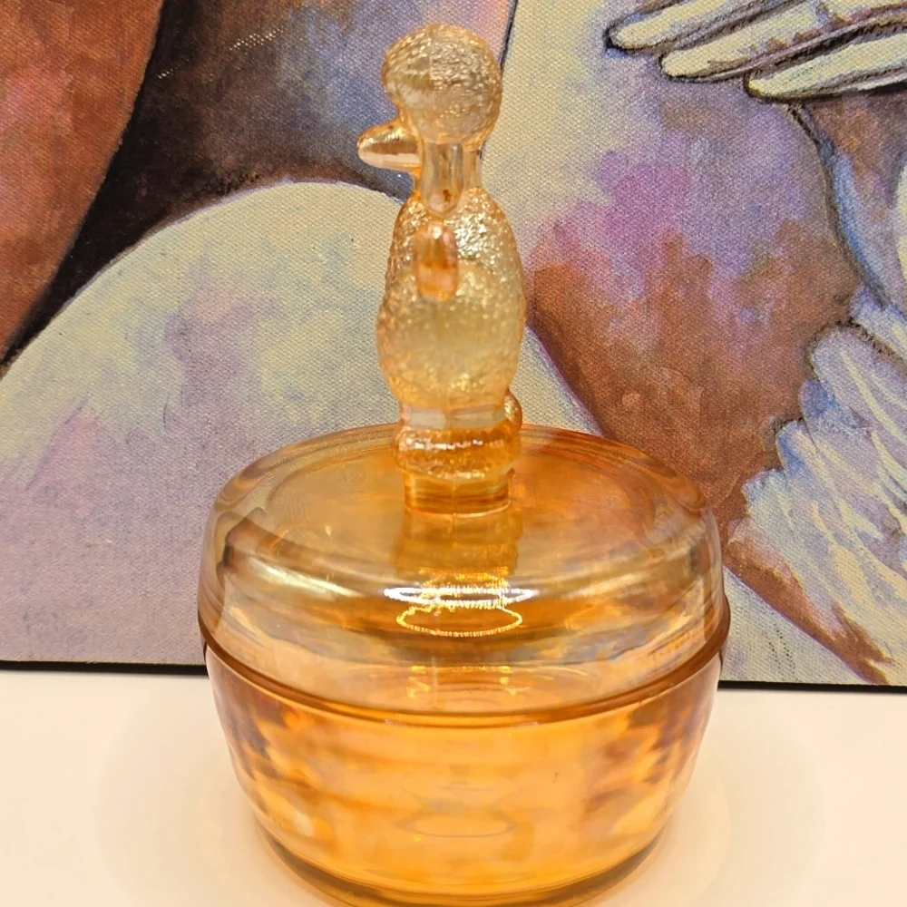 Vintage Lustre Marigold Carnival Glass Jeannette French Poodle Trinket Box Dish
